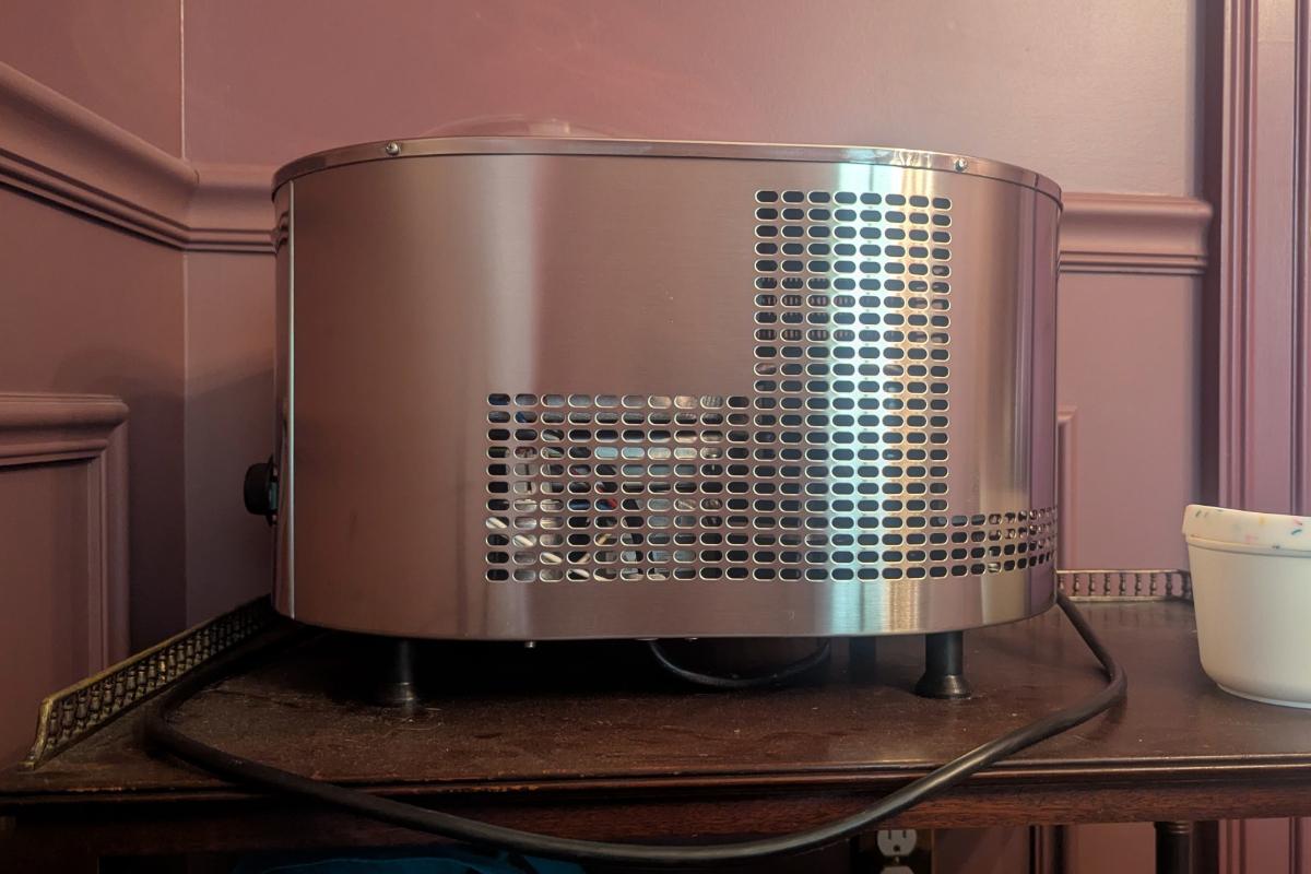 side view of a lello 4080 musso lussino compressor ice cream maker showing the vents for the compressor coils.