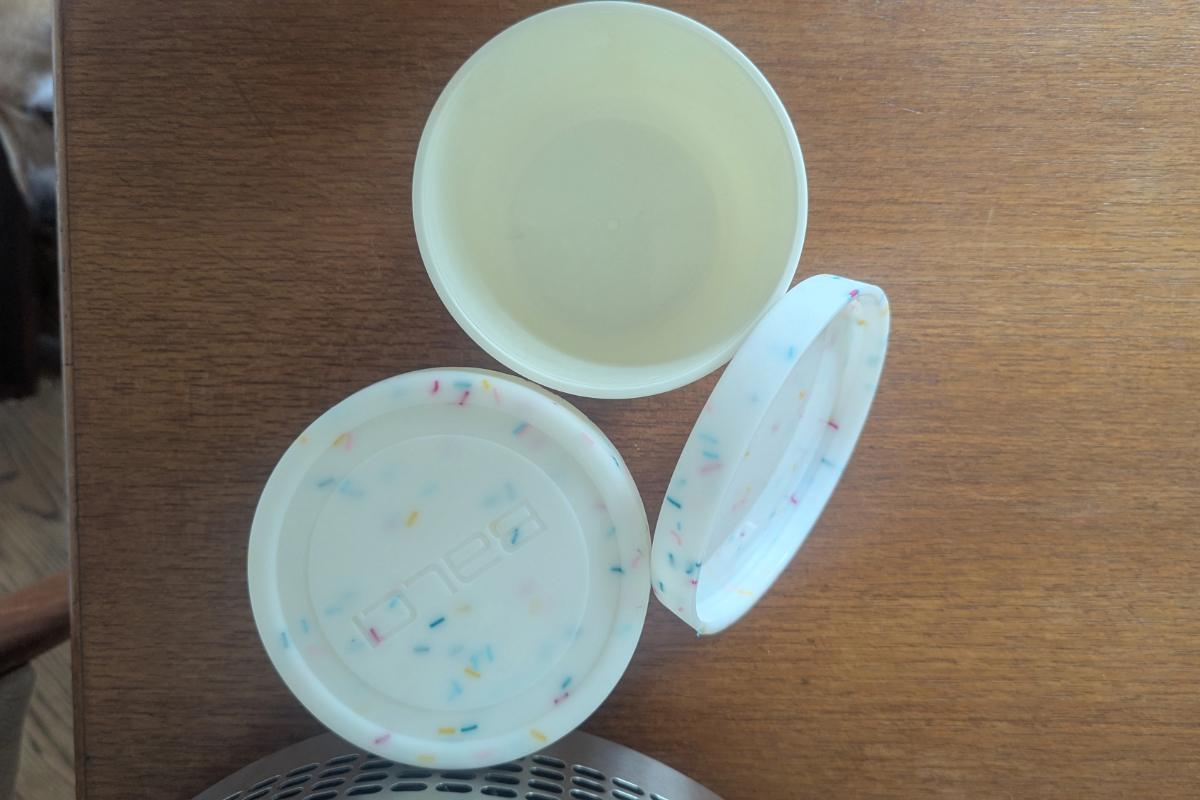 Reusable Balci pint containers for storing homemade ice cream.