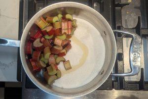 chopped rhubarb, sugar, and lemon juice in a saucepan.