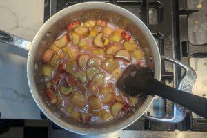 melted sugar and chopped rhubarb in a saucepan.
