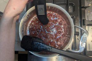 a thermometer inserted in thick rhubarb jam reads 224°F.