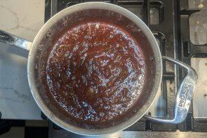 thick rhubarb jam in a saucepan.