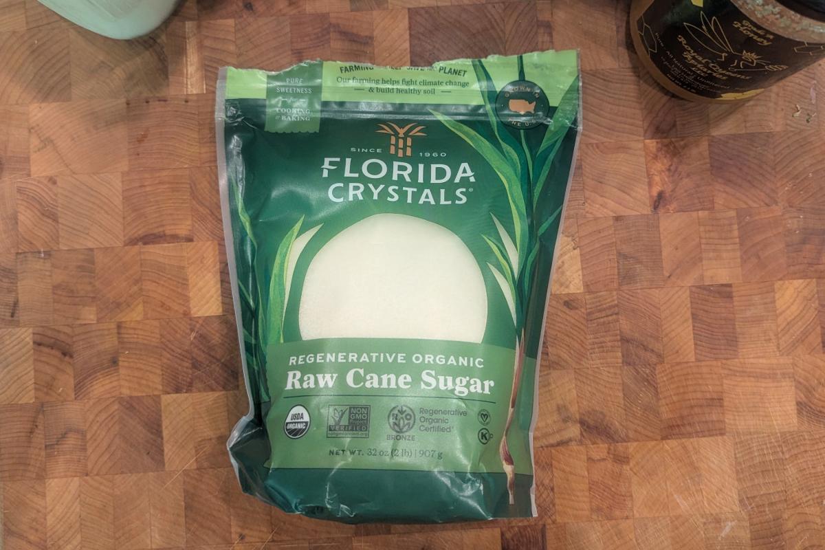 overhead view of a bag of Florida Crystals cane sugar.