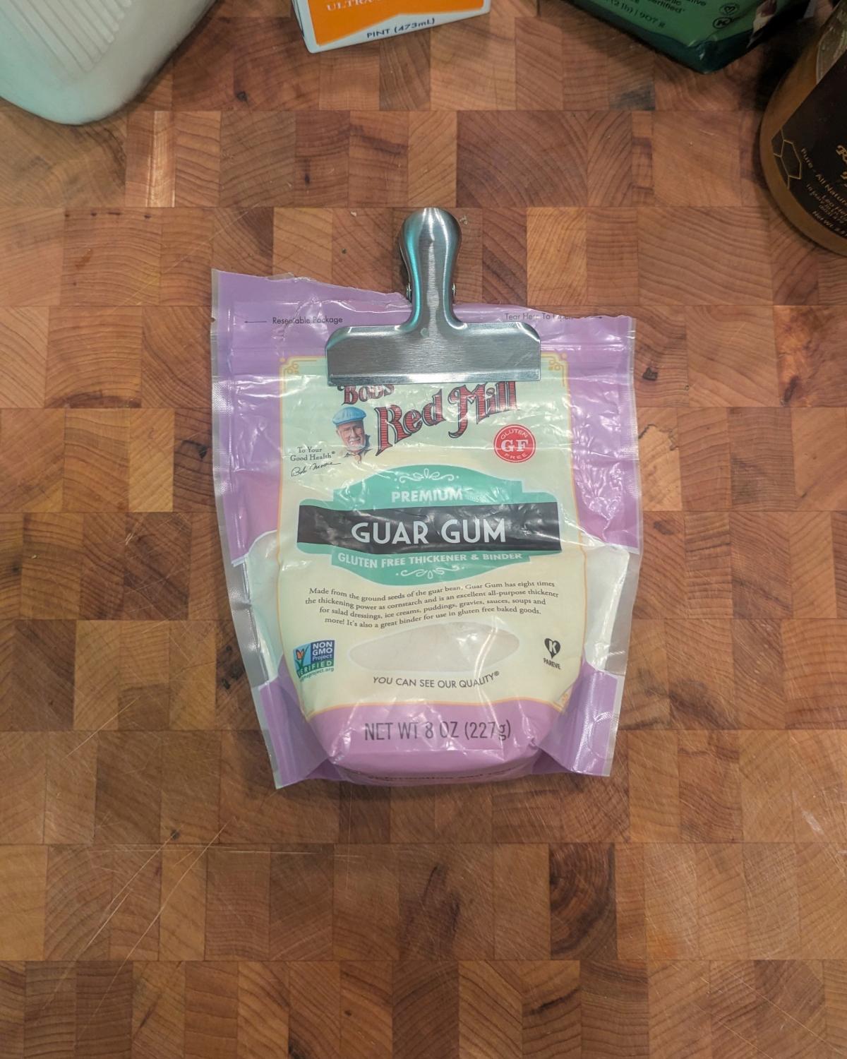 overhead view of a bag of Bob's Red Mill guar gum.