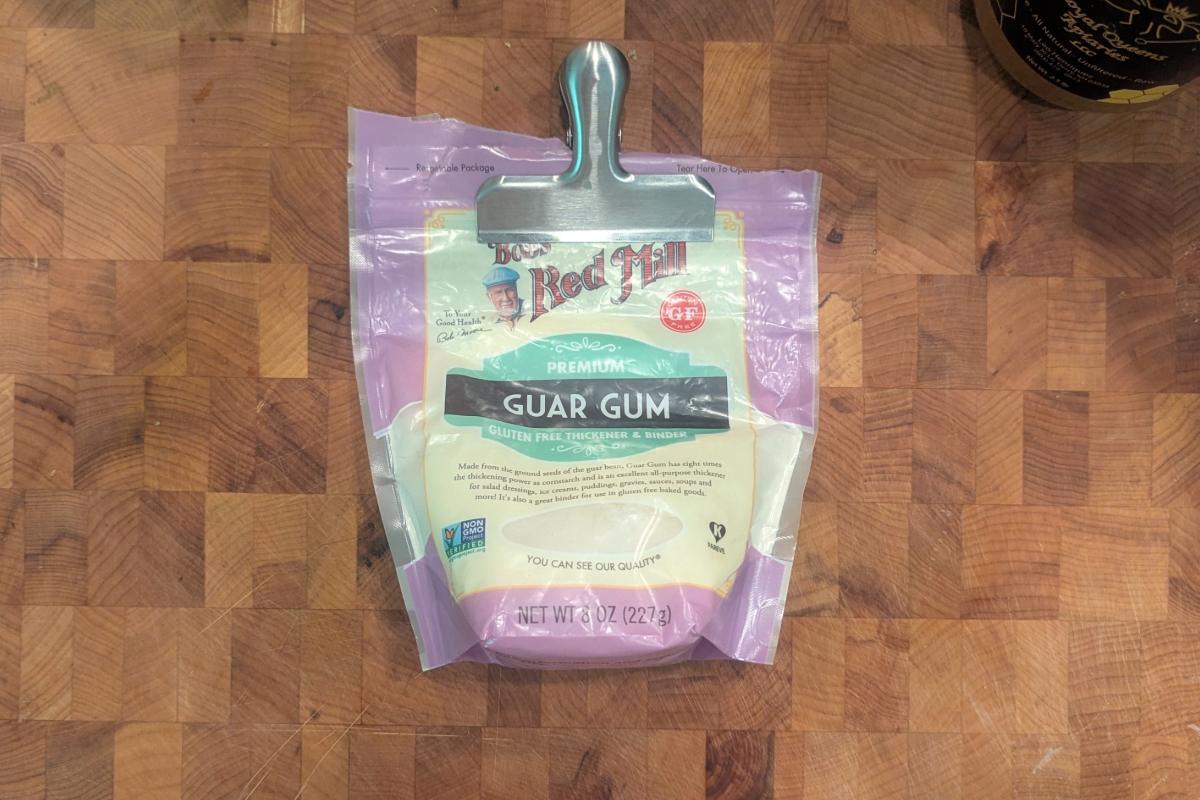 overhead view of a bag of Bob's Red Mill guar gum.