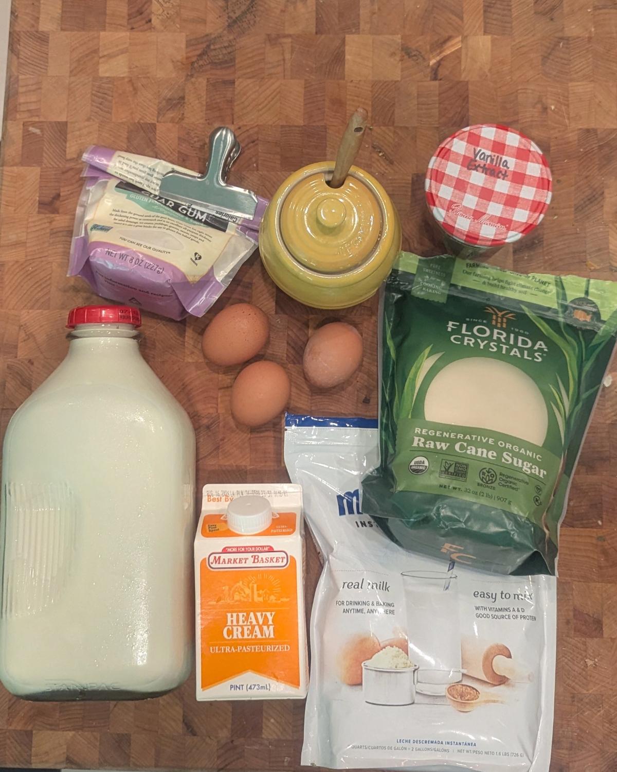 overhead view of homemade ice cream ingredients.