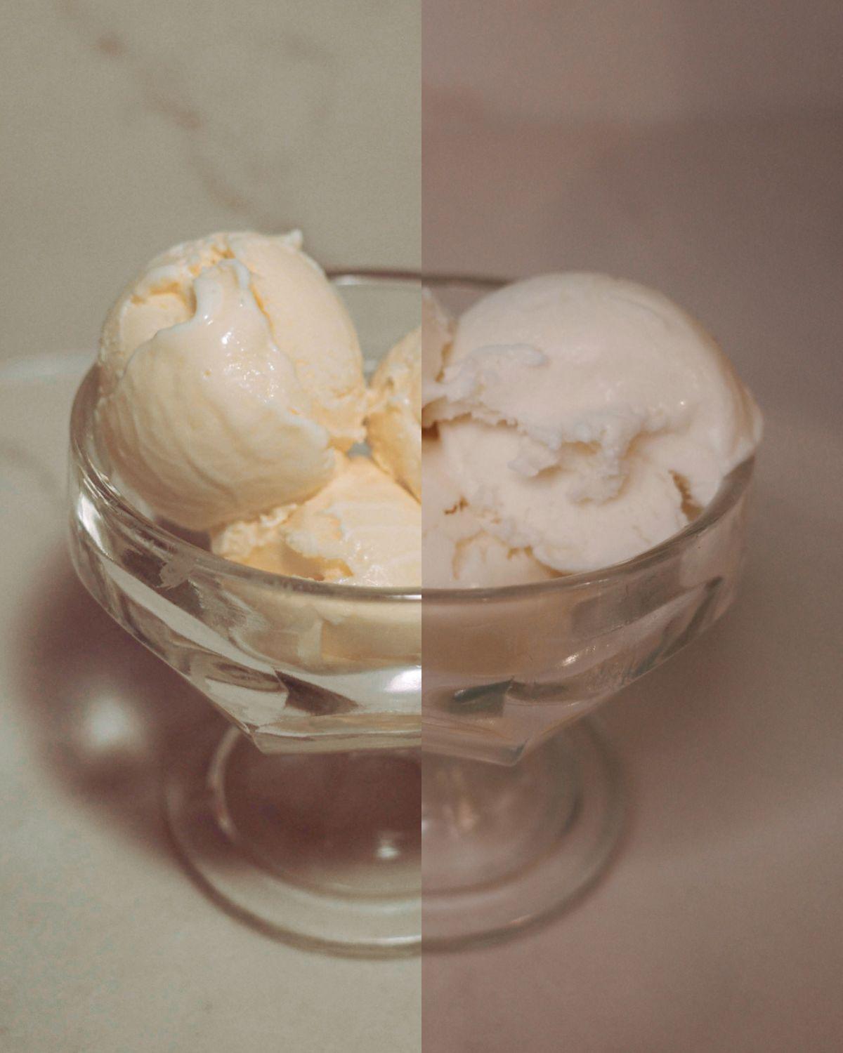 a split image of a dish of french custard style ice cream and a dish of philadelphia-style ice cream.