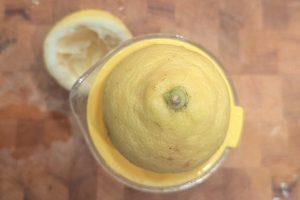 a lemon half on a juicer.