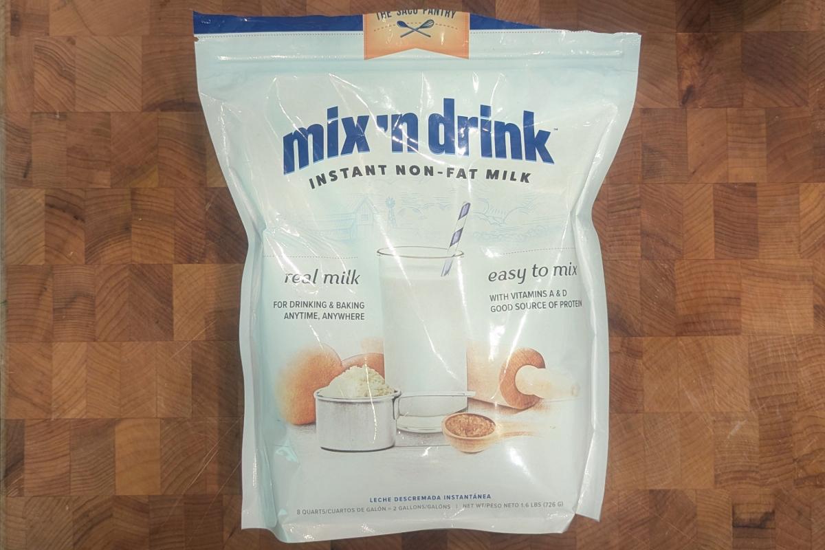 overhead view of a bag of Saco Pantry skim milk powder.