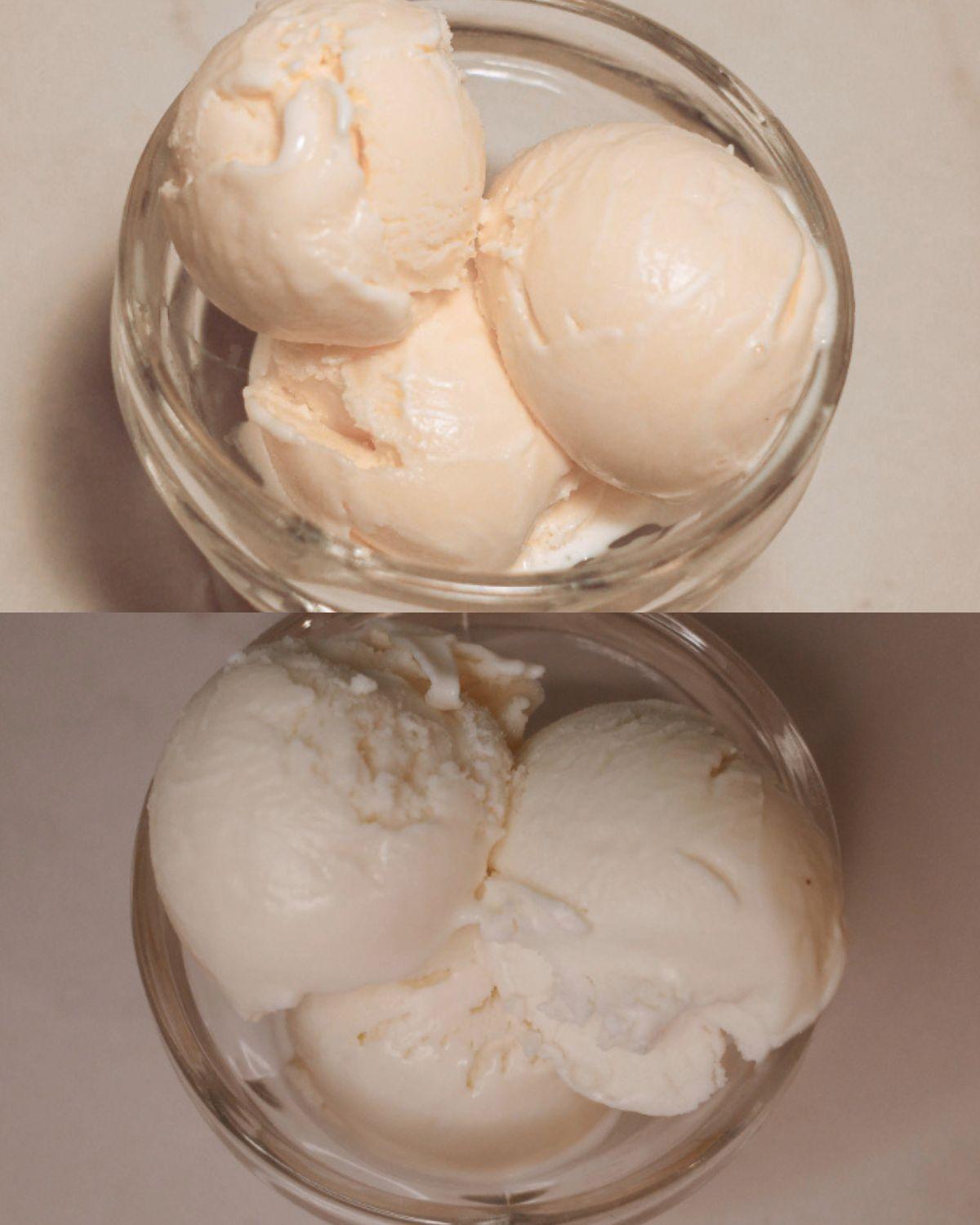 scoops of different ice cream formulas (custard and philadelphia-style) in glass dishes to show textural differences from overrun.