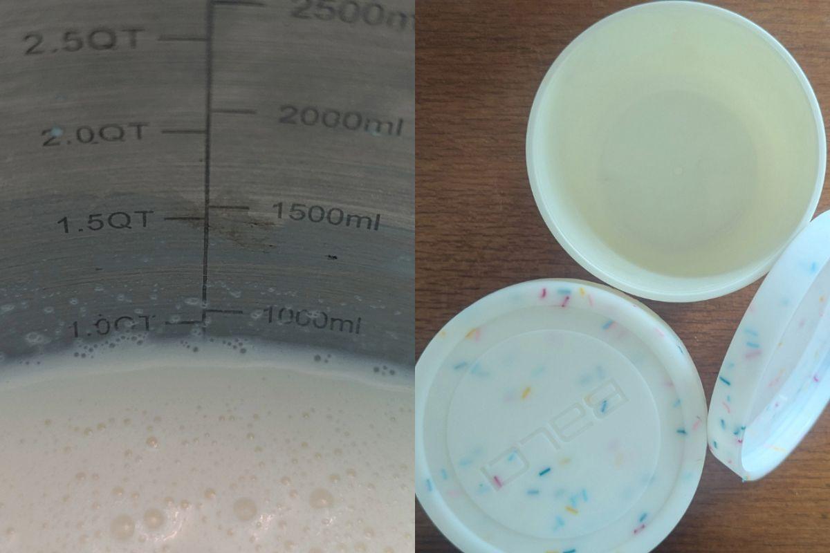 side by side of a bowl of ice cream base showing a one quart quantity next to two pint containers.