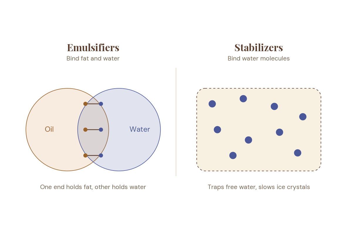 a diagram showing the difference between an emulsifier and a stabilizer.