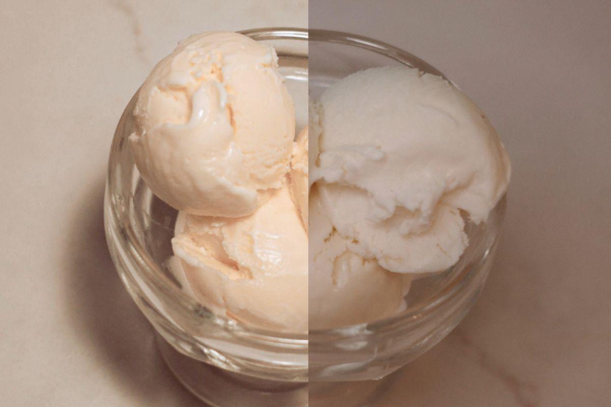 side-by-side comparison of the texture of a scoop of french custard ice cream and a scoop of philadelphia-style ice cream.