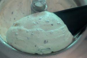 lifting a scoop of stracciatella ice cream from a compressor machine.