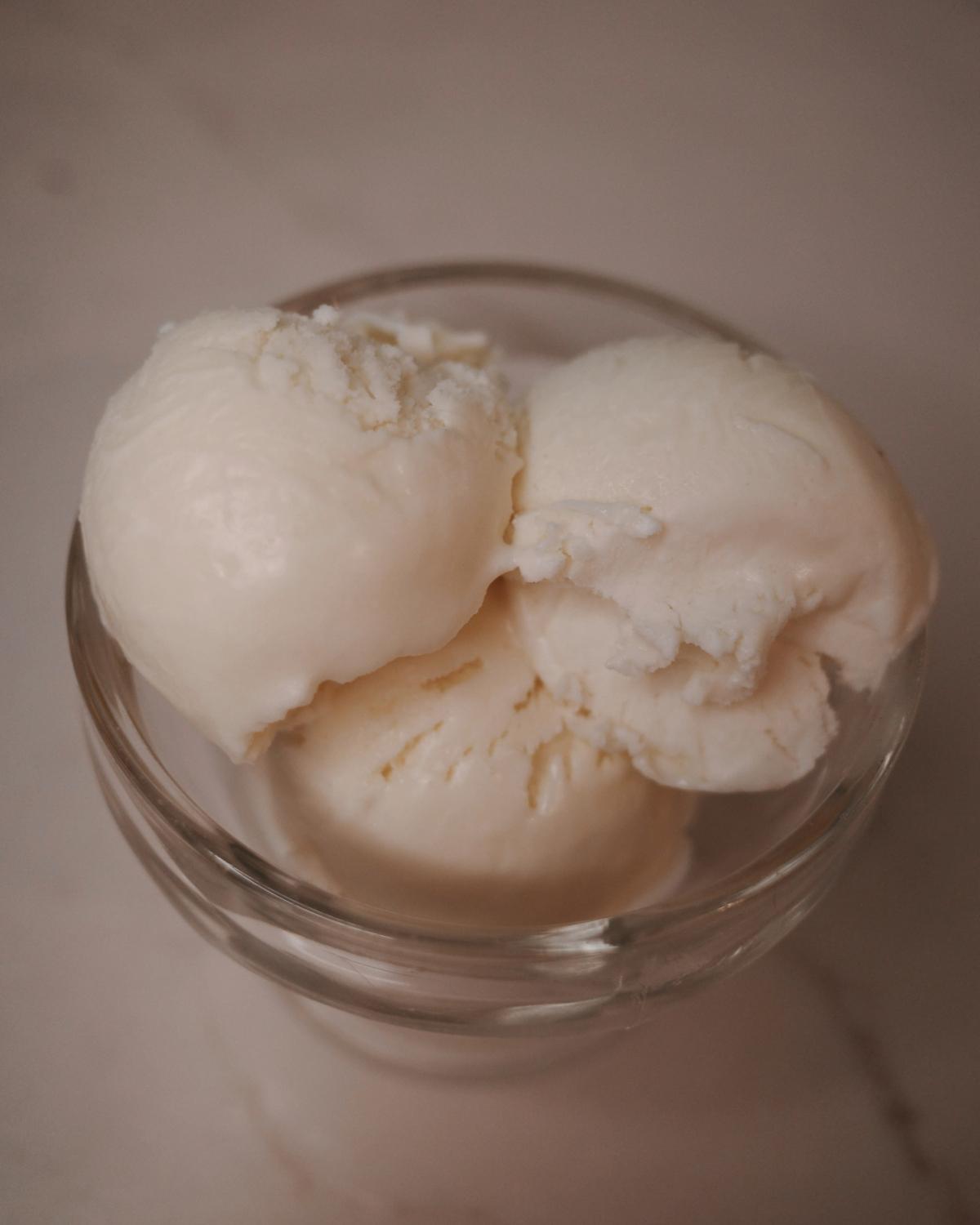 three scoops of philadelphia-style ice cream made without eggs.