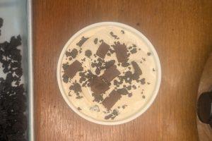 overhead view of vermonty python ice cream: coffee liqueur ice cream with fudge chunks and oreo crumbles.