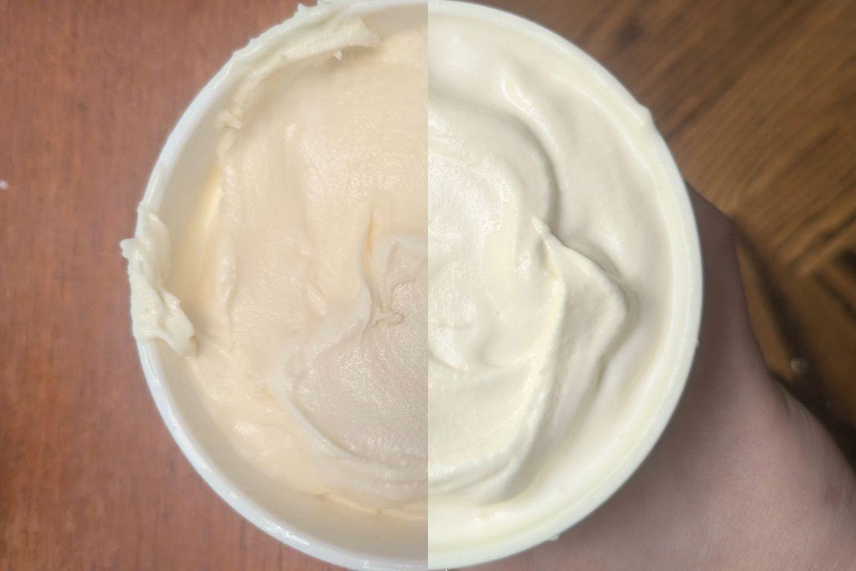 side-by-side comparison of dense custard ice cream and fluffy philly style ice cream in pints to show overrun.