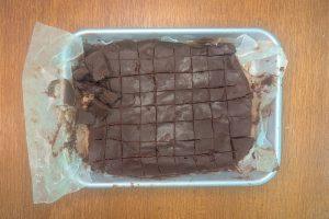 chocolate ganache fudge chunks cut into small squares.