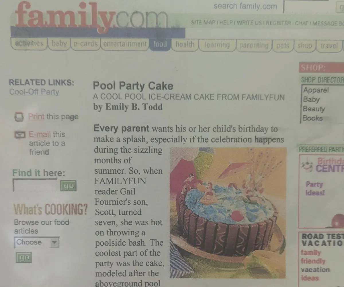 the original print-out of the pool cake recipe from family fun magazine - a family heirloom!