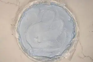 smoothed out blue vanilla ice cream in a springform pan.
